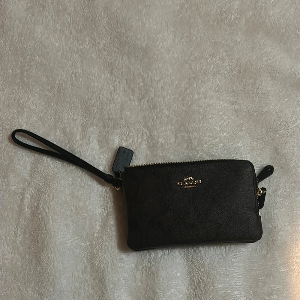 Coach Signature Brown Double-Zip Wristlet with Gold Hardware